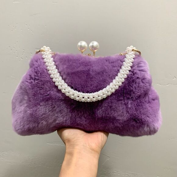 Handmade Real Rex Rabbit Fur Kisslock Wristlet/Crossbody & Mink Fur Bag Charm - Picture 5 of 16